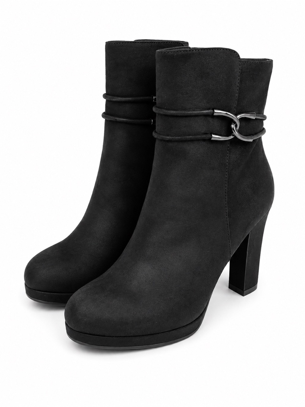 Impo Black Suede Ankle Boots with Metal Ring Detail